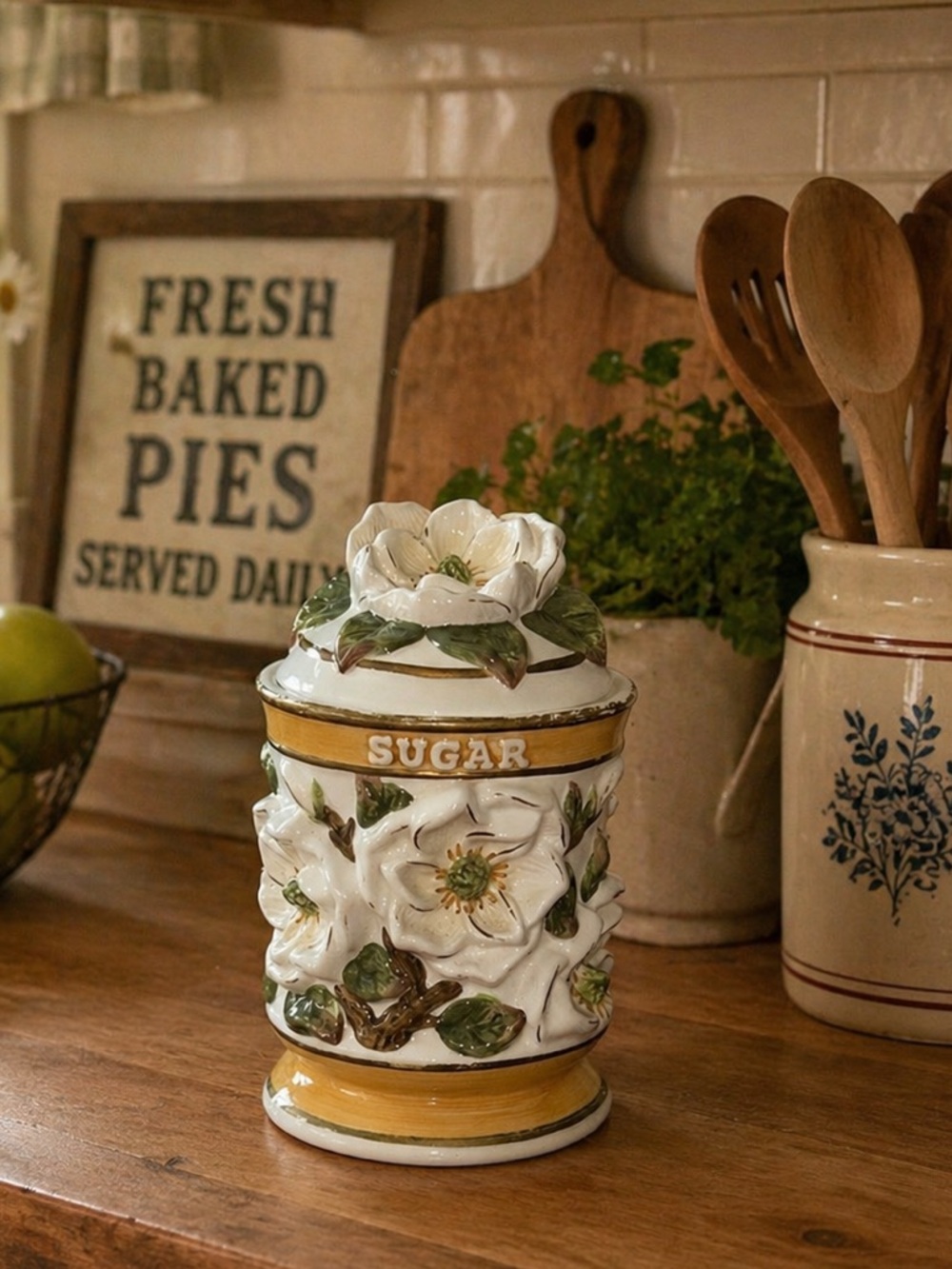Vintage K&K Golden Magnolia Floral Sugar Canister Kitchen Set Ceramic